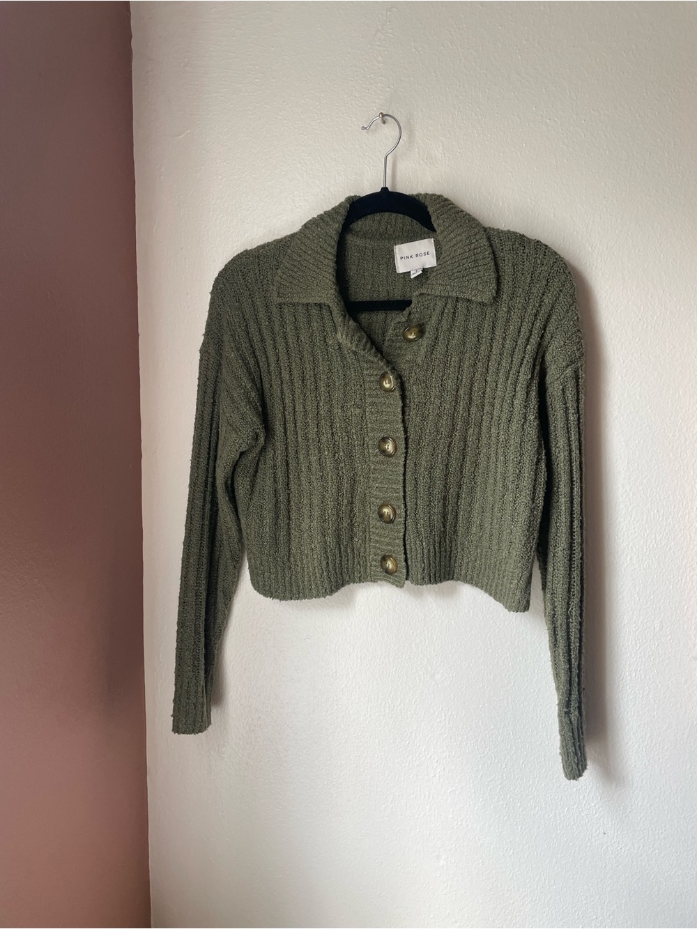 Pink Rose Olive Ribbed Button-Up Cropped Cardigan